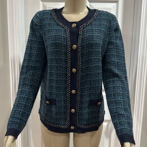 NWT. C by Bloomingdale's Cashmere Tweed Cardigan. Navy Combo.